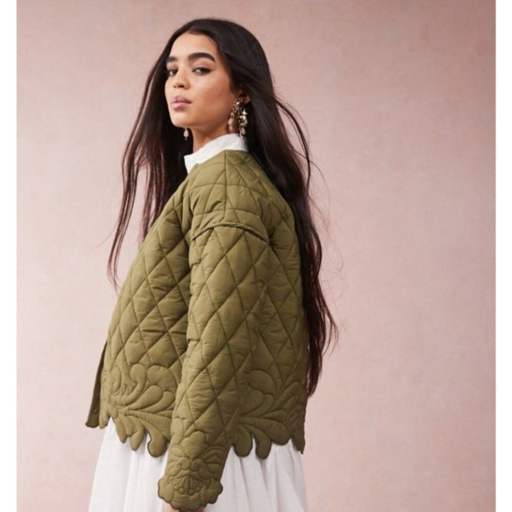 ASOS DESIGN Cut Work Quilted Jacket -Olive Khaki Womens S Small 4 6 - Picture 4 of 12